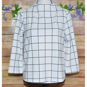 Melloday White 3/4 Sleeve High Neckline Blouse M Grid Window Pane Pattern Career